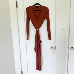 House of Harlow 1960‎ | Ribbed O Ring 2 Piece Midi Slit Dress Brown Knit Sweater